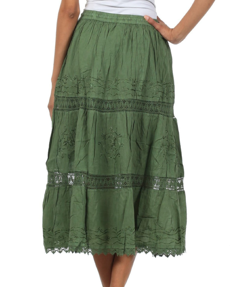 Sakkas Solid Embroidered Gypsy Bohemian Mid Length Cotton Skirt