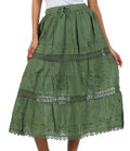 Sakkas Solid Embroidered Gypsy Bohemian Mid Length Cotton Skirt#color_Olive