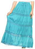 Sakkas Solid Embroidered Gypsy Bohemian Mid Length Cotton Skirt#color_Turquoise