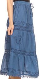 Sakkas Solid Embroidered Gypsy Bohemian Mid Length Cotton Skirt