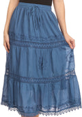 Sakkas Solid Embroidered Gypsy Bohemian Mid Length Cotton Skirt#color_Blue