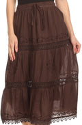 Sakkas Solid Embroidered Gypsy Bohemian Mid Length Cotton Skirt#color_Brown