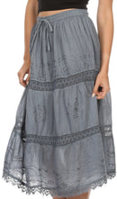 Sakkas Solid Embroidered Gypsy Bohemian Mid Length Cotton Skirt