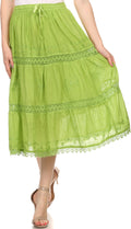 Sakkas Solid Embroidered Gypsy Bohemian Mid Length Cotton Skirt#color_Lime