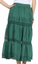 Sakkas Solid Embroidered Gypsy Bohemian Mid Length Cotton Skirt