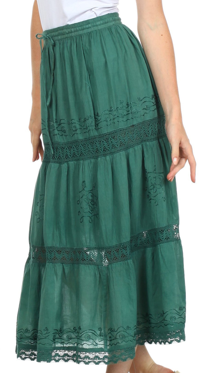Sakkas Solid Embroidered Gypsy Bohemian Mid Length Cotton Skirt