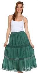 Sakkas Solid Embroidered Gypsy Bohemian Mid Length Cotton Skirt