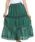 Sakkas Solid Embroidered Gypsy Bohemian Mid Length Cotton Skirt#color_Olive