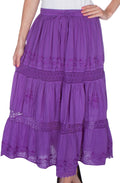 Sakkas Solid Embroidered Gypsy Bohemian Mid Length Cotton Skirt#color_Purple