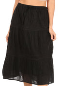 Sakkas Tahira Cascading Broomstick Midi Skirt with Crochet lace and Elastic Waist#color_Black