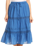 Sakkas Tahira Cascading Broomstick Midi Skirt with Crochet lace and Elastic Waist#color_Blue