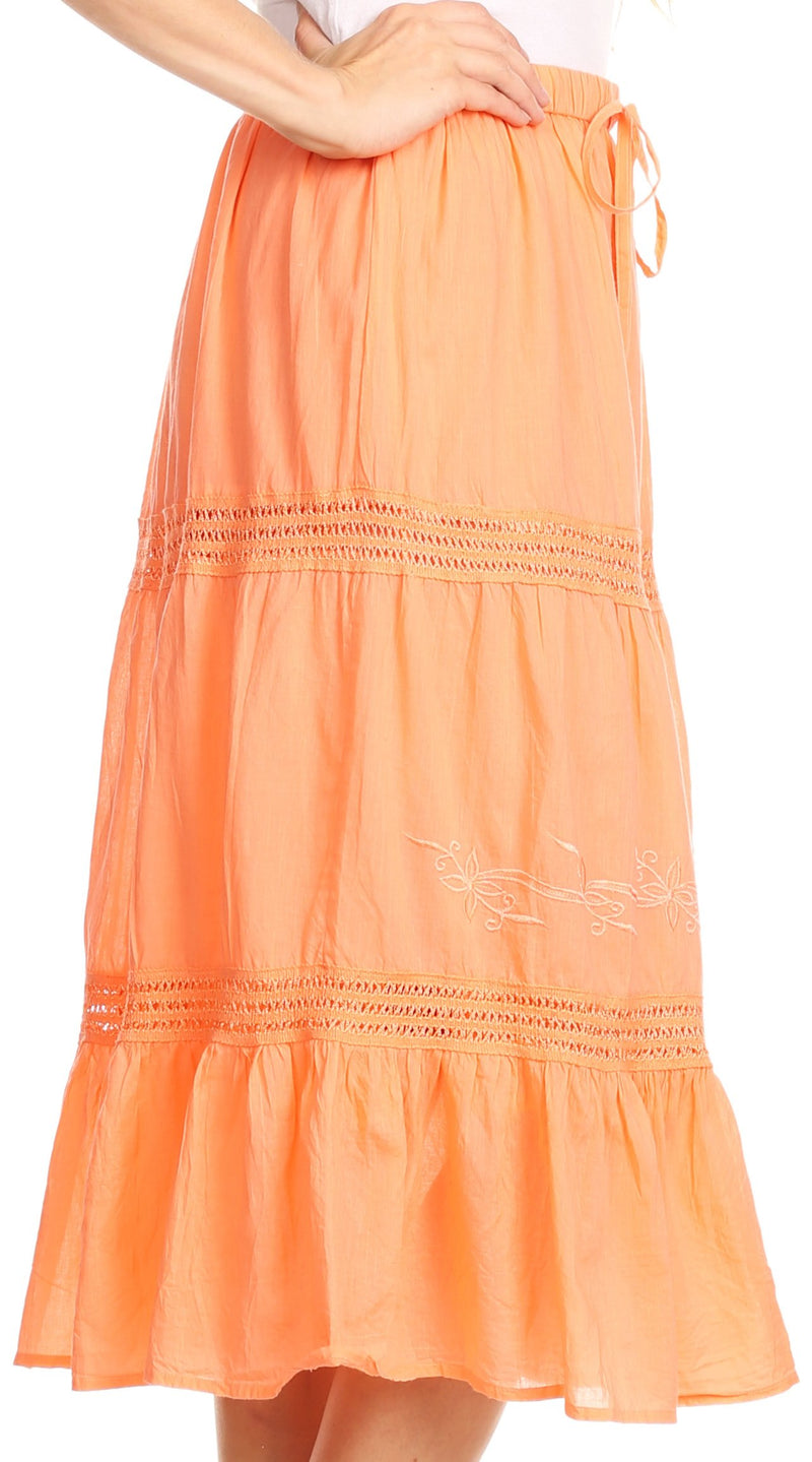 Sakkas Tahira Cascading Broomstick Midi Skirt with Crochet lace and Elastic Waist