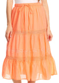 Sakkas Tahira Cascading Broomstick Midi Skirt with Crochet lace and Elastic Waist#color_Orange