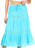 Sakkas Tahira Cascading Broomstick Midi Skirt with Crochet lace and Elastic Waist#color_Turquoise