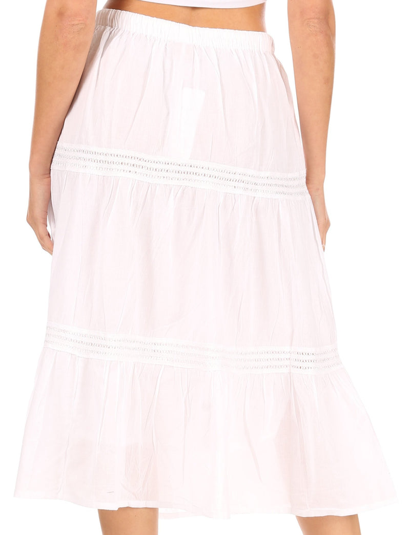 Sakkas Tahira Cascading Broomstick Midi Skirt with Crochet lace and Elastic Waist