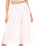 Sakkas Tahira Cascading Broomstick Midi Skirt with Crochet lace and Elastic Waist#color_White