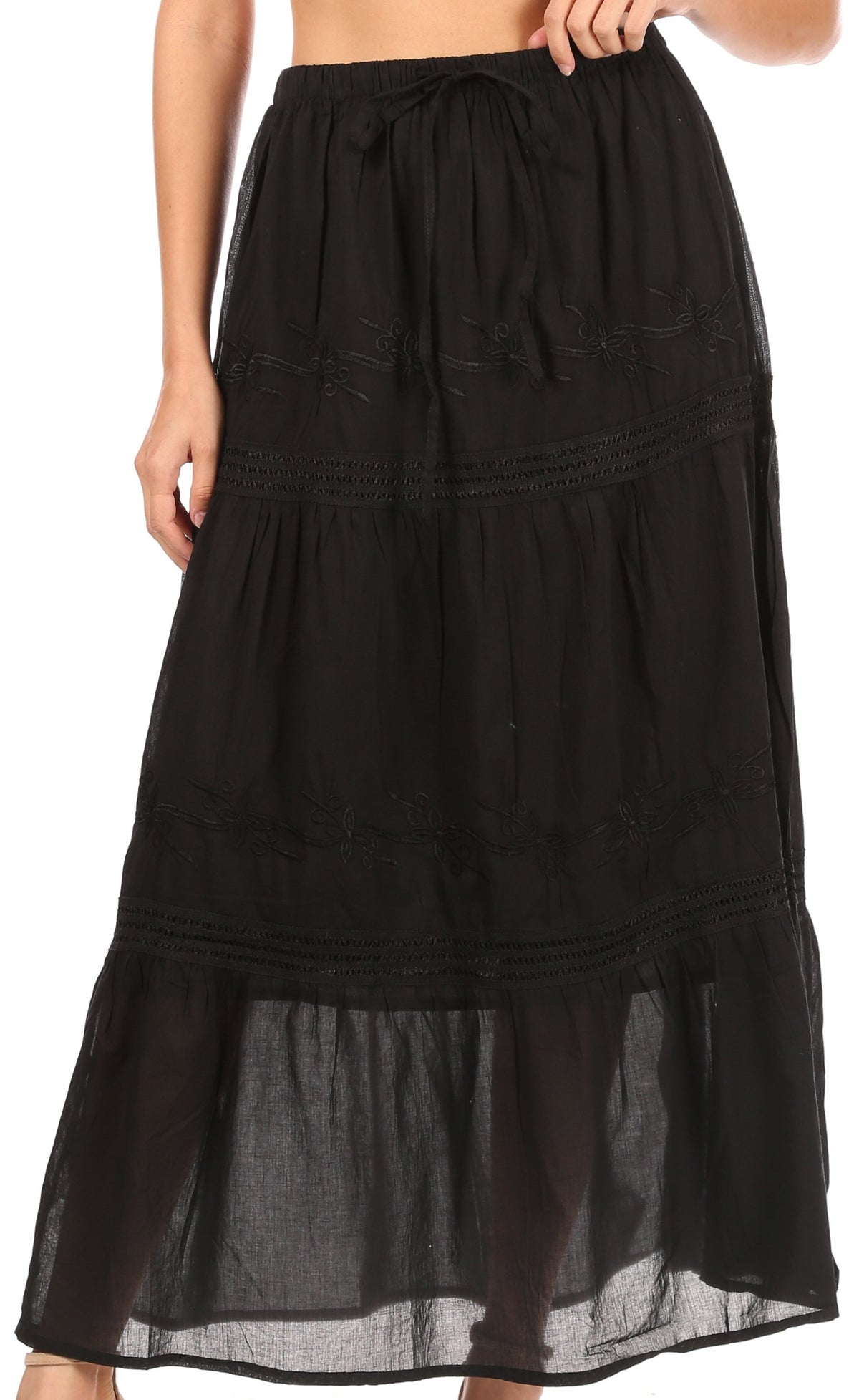 Sakkas Takara Maxi Broomstick Skirt - Peasant Style With Elastic Waist, Floral Embroidery & Crochet Lace