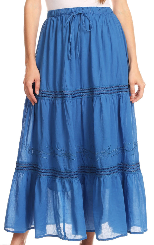 Sakkas Takara Maxi Broomstick Cascading  Peasant Skirt with Elastic Waist#color_Blue