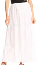 Sakkas Takara Maxi Broomstick Cascading  Peasant Skirt with Elastic Waist#color_White