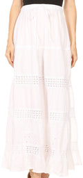 Sakkas Genesis Lightweight Cotton Eyelet Skirt with Elastic Waistband#color_White