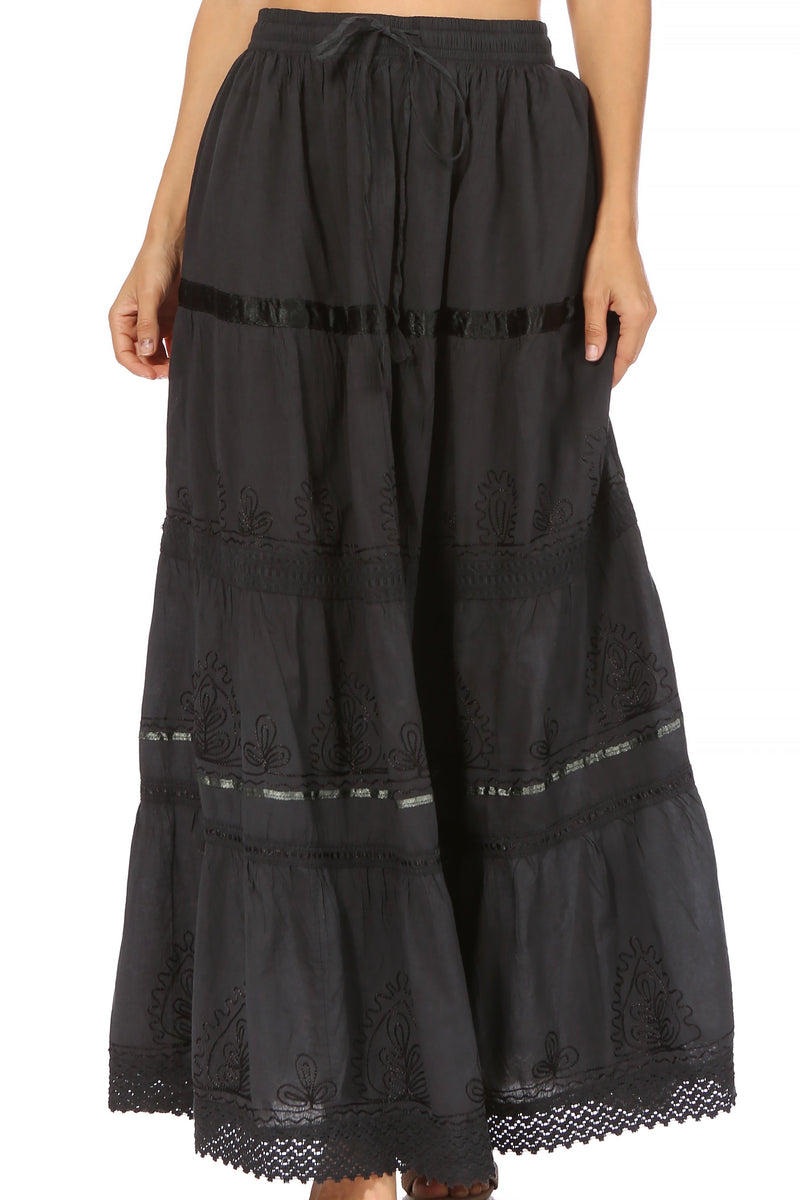 Sakkas Solid Embroidered Gypsy / Bohemian Full / Maxi / Long Cotton Skirt