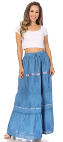 Sakkas Solid Embroidered Gypsy / Bohemian Full / Maxi / Long Cotton Skirt