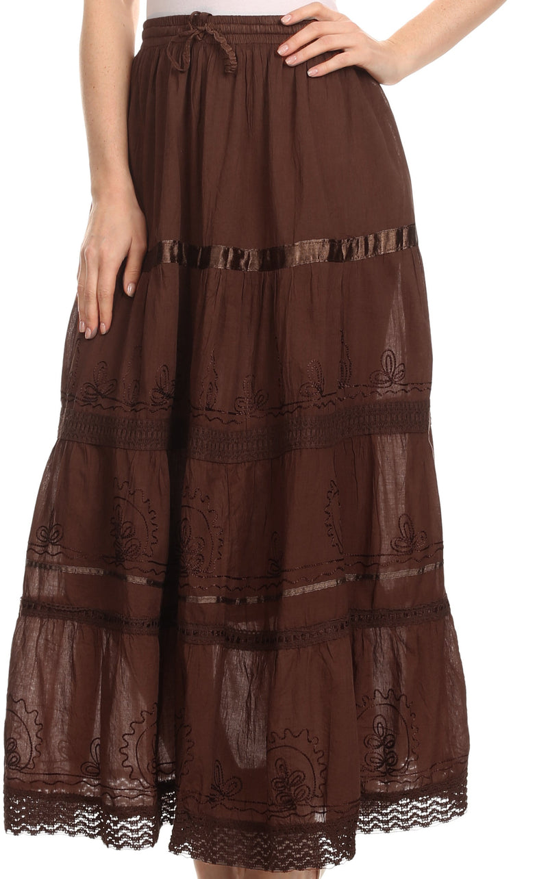 Sakkas Solid Embroidered Gypsy / Bohemian Full / Maxi / Long Cotton Skirt