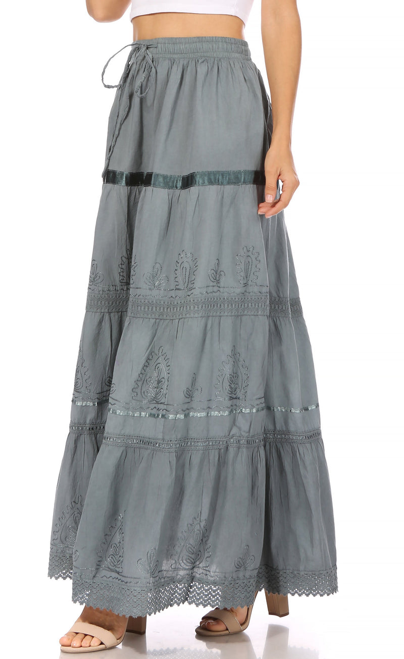 Sakkas Solid Embroidered Gypsy / Bohemian Full / Maxi / Long Cotton Skirt