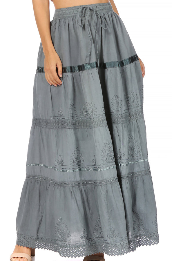 Sakkas Solid Embroidered Gypsy / Bohemian Full / Maxi / Long Cotton Skirt#color_Grey
