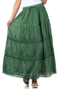 Sakkas Solid Embroidered Gypsy / Bohemian Full / Maxi / Long Cotton Skirt#color_Green