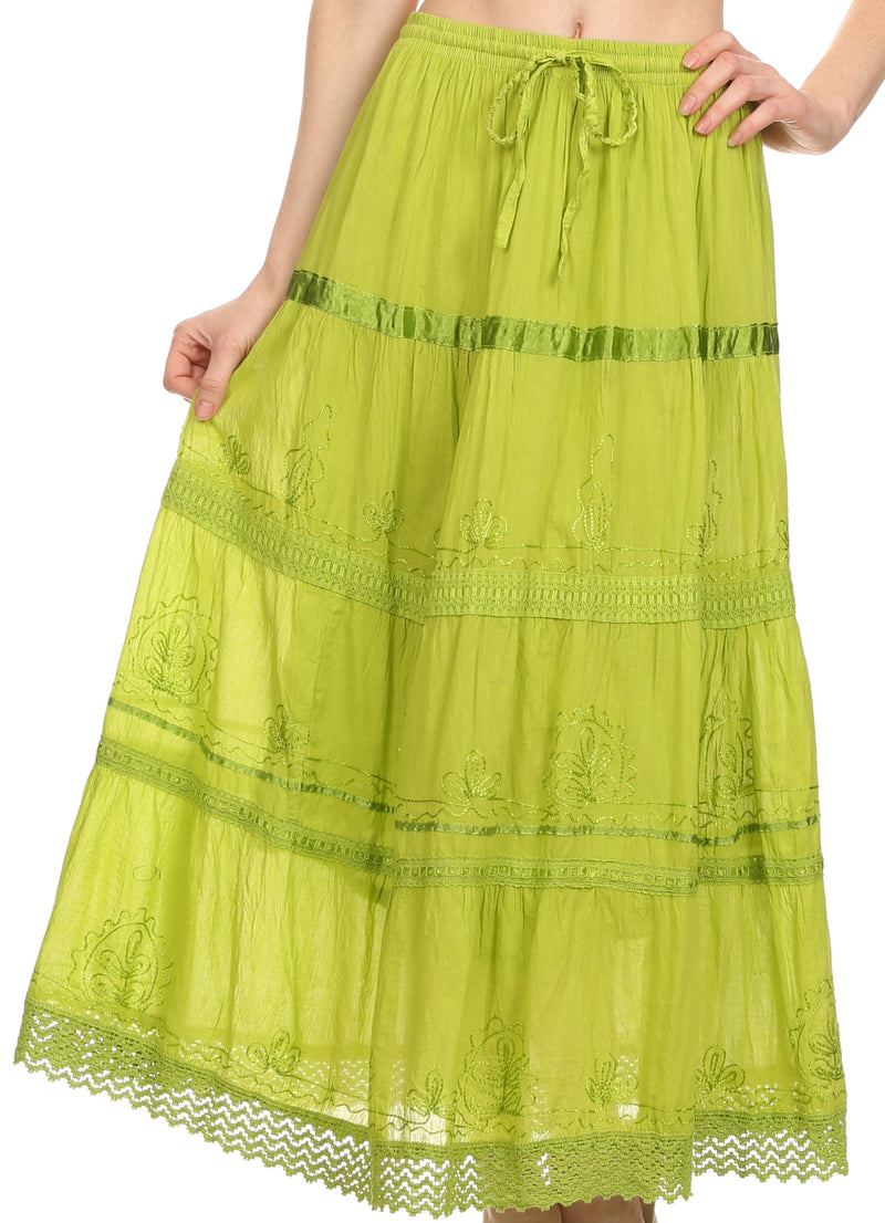 Sakkas Solid Embroidered Gypsy / Bohemian Full / Maxi / Long Cotton Skirt