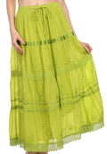 Sakkas Solid Embroidered Gypsy / Bohemian Full / Maxi / Long Cotton Skirt#color_Lime