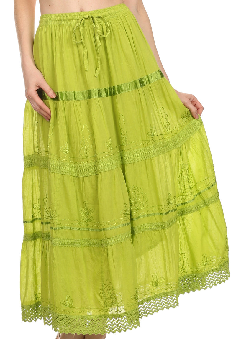 Sakkas Solid Embroidered Gypsy / Bohemian Full / Maxi / Long Cotton Skirt