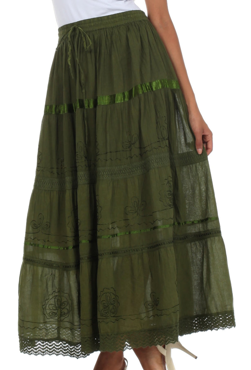 Sakkas Solid Embroidered Gypsy / Bohemian Full / Maxi / Long Cotton Skirt