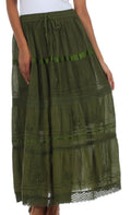 Sakkas Solid Embroidered Gypsy / Bohemian Full / Maxi / Long Cotton Skirt#color_Olive