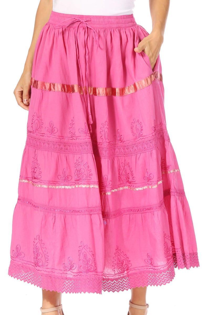 Sakkas Solid Embroidered Gypsy / Bohemian Full / Maxi / Long Cotton Skirt