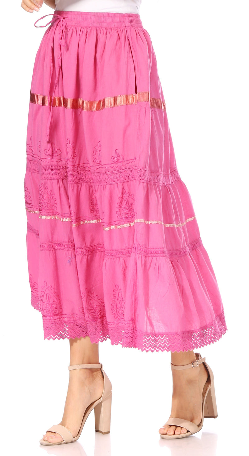 Sakkas Solid Embroidered Gypsy / Bohemian Full / Maxi / Long Cotton Skirt