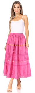 Sakkas Solid Embroidered Gypsy / Bohemian Full / Maxi / Long Cotton Skirt#color_Pink