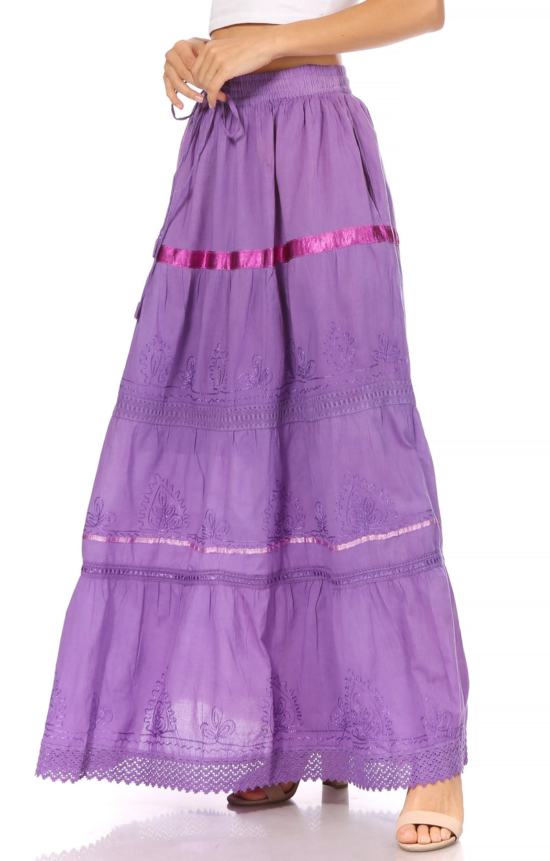 Sakkas Solid Embroidered Gypsy / Bohemian Full / Maxi / Long Cotton Skirt