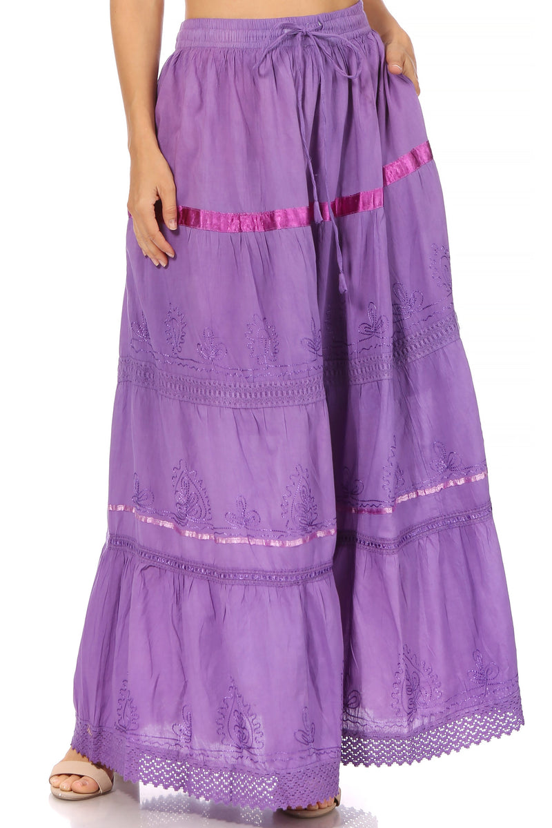 Sakkas Solid Embroidered Gypsy / Bohemian Full / Maxi / Long Cotton Skirt