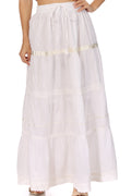 Sakkas Solid Embroidered Gypsy / Bohemian Full / Maxi / Long Cotton Skirt#color_White
