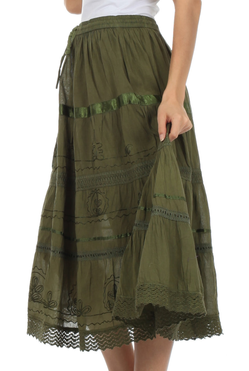 Sakkas Solid Embroidered Gypsy / Bohemian Mid Length Cotton Skirt