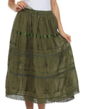 Sakkas Solid Embroidered Gypsy / Bohemian Mid Length Cotton Skirt#color_Olive