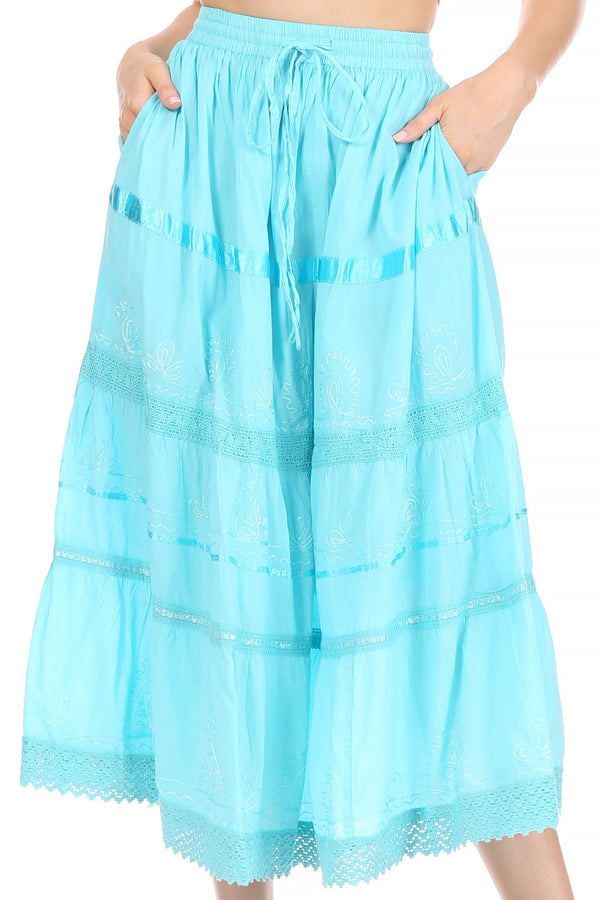 Sakkas Solid Embroidered Gypsy / Bohemian Mid Length Cotton Skirt#color_Turquoise