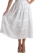 Sakkas Solid Embroidered Gypsy / Bohemian Mid Length Cotton Skirt#color_White