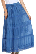 Sakkas Solid Embroidered Crochet Lace Trim Gypsy Bohemian Mid Length Cotton Skirt#color_Blue