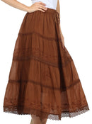 Sakkas Solid Embroidered Crochet Lace Trim Gypsy Bohemian Mid Length Cotton Skirt