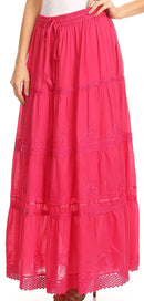 Sakkas Solid Embroidered Crochet Lace Trim Gypsy Bohemian Mid Length Cotton Skirt