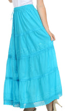 Sakkas Solid Embroidered Crochet Lace Trim Gypsy Bohemian Mid Length Cotton Skirt