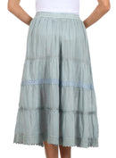 Sakkas Solid Embroidered Crochet Lace Trim Gypsy Bohemian Mid Length Cotton Skirt